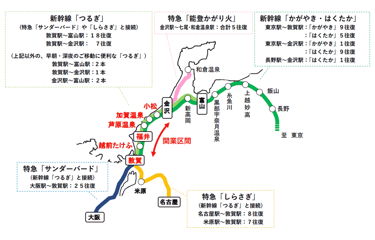 北陸新幹線、特急電車で富山、石川、福井と大阪・名古屋の路線図